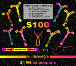 Twenty Four WHISTLE COPTER (PATENT) Plus Twenty Four Maxi Sling Shots With Eight Inch Rubber Band & 24 extra battery packs, & 24 extra wings & 24 extra Eight inch rubber bands
