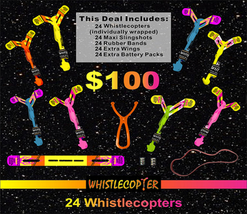Twenty Four WHISTLE COPTER (PATENT) Plus Twenty Four Maxi Sling Shots With Eight Inch Rubber Band & 24 extra battery packs, & 24 extra wings & 24 extra Eight inch rubber bands