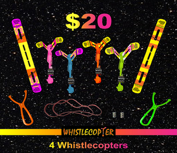 Four WHISTLE COPTER (PATENT) Plus Four Maxi Sling Shots With Eight Inch Rubber Band & Four extra battery packs & Four extra wings & Four extra Eight inch rubber bands