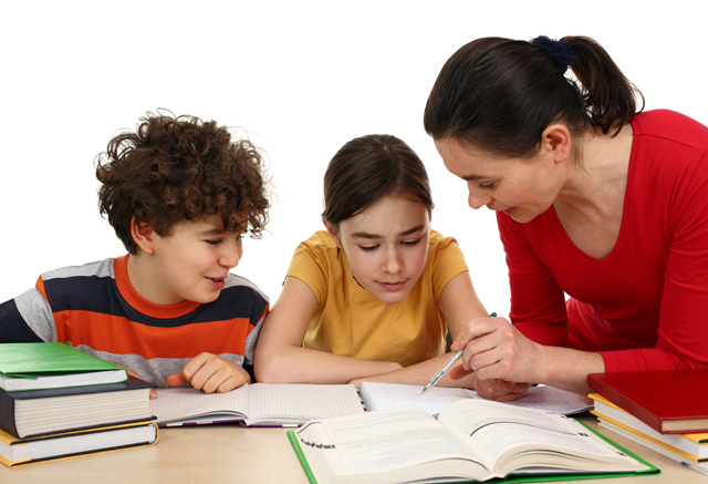 Kids doing homework isolated on white background