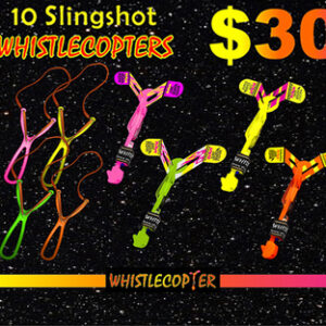 Ten Ultimate Slingshot Alien Rocket Whistle Copters with 8-Inch Rubber Bands – $30