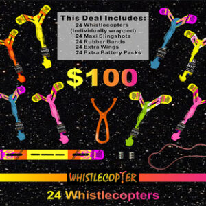 24 Whistle Copter (Patented) Mega Pack with 24 Maxi Sling Shots, 24 Battery Packs, Extra Wings & 8-Inch Rubber Bands – Ultimate Flying Fun Kit