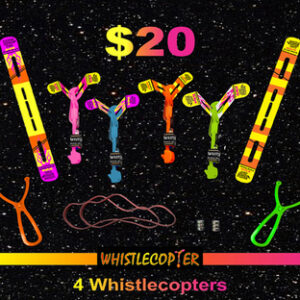 Four Whistle Copters (Patent) Bundle with Maxi Sling Shots, Batteries, Wings & Rubber Bands