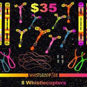 8-Pack WHISTLE COPTER (PATENT) Bundle with Viper Launcher, Maxi Sling Shots, Extra Wings, Batteries & Rubber Bands